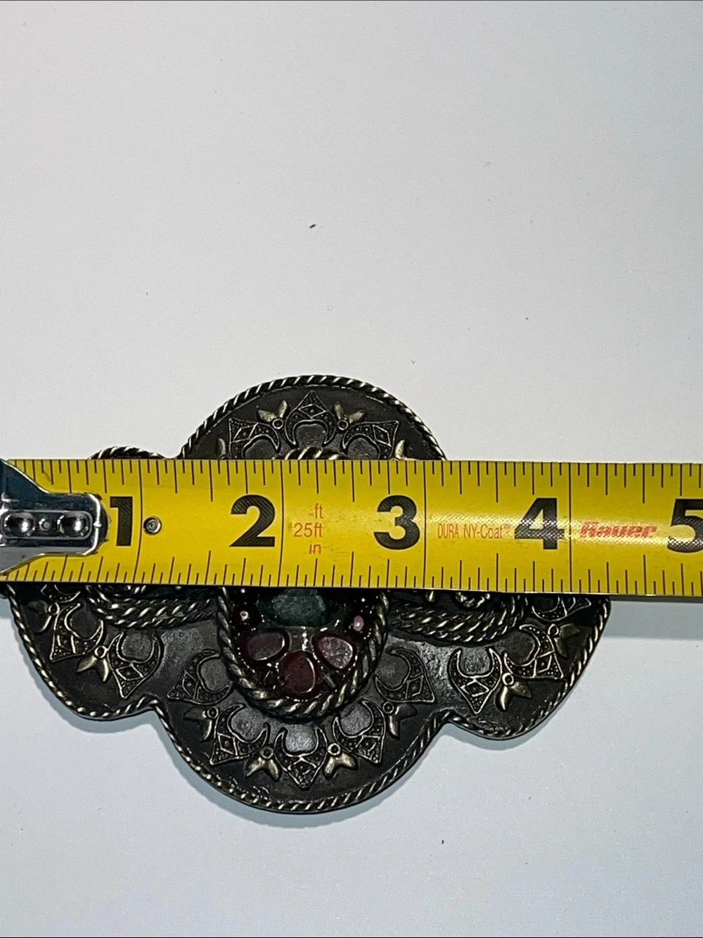 Ornate Metal Belt Buckle with Green Center and Burgundy Accents Stones
